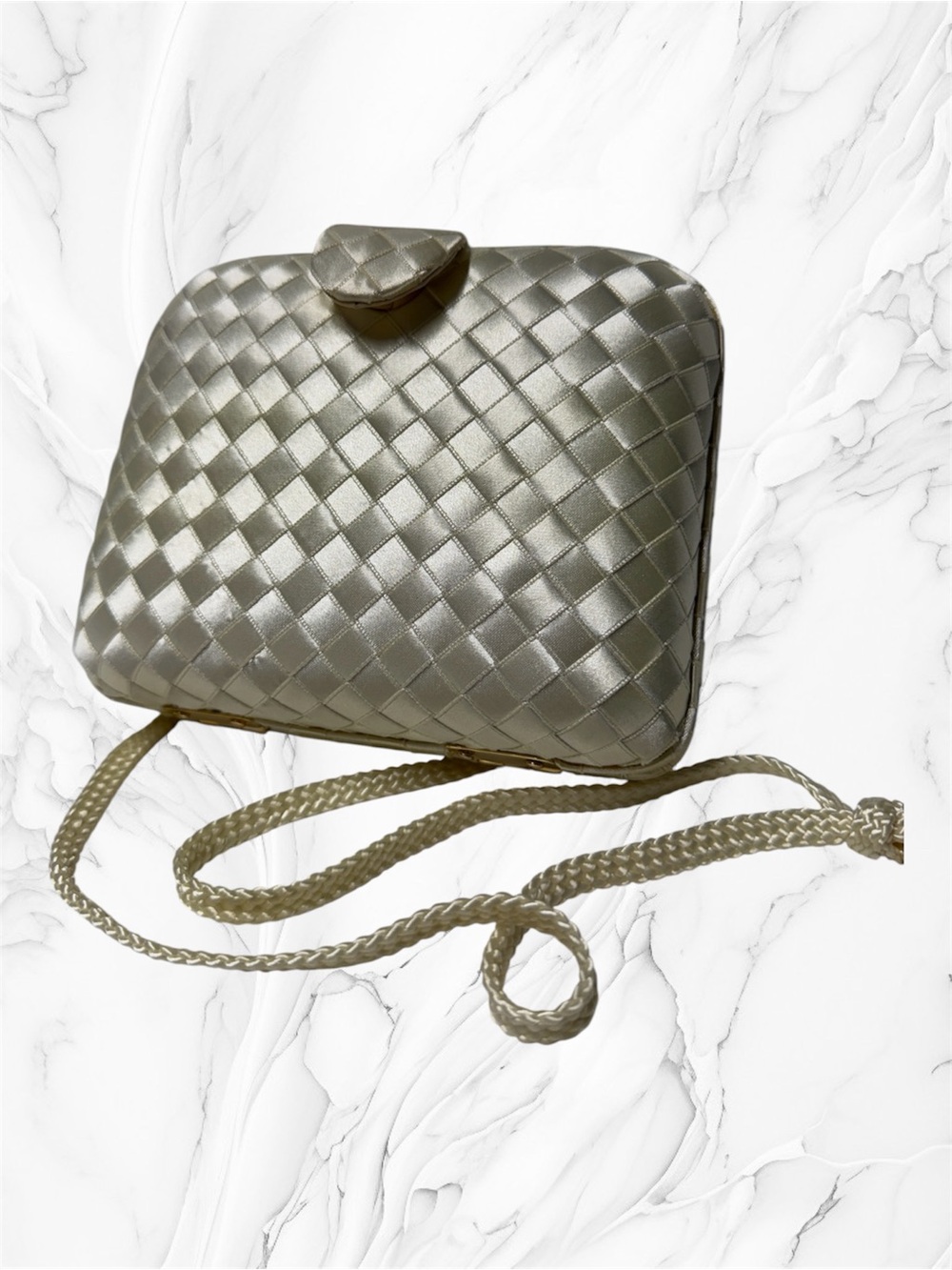 La Regale vintage Ivory Woven Satin Evening Clutch with Strap small